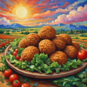 A plate of falafel balls garnished with leafy greens and cherry tomatoes, set against a vibrant, painted landscape background featuring rolling fields, mountains, and a bright sun.
